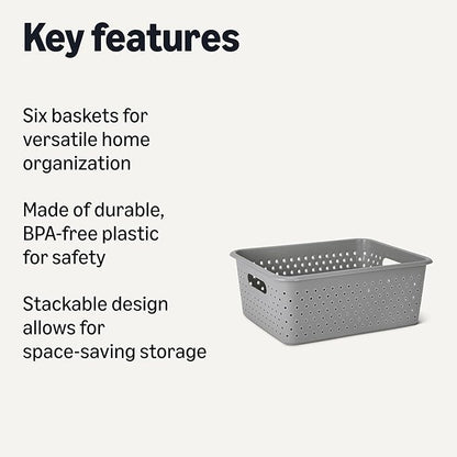 Amazon Basics Decorative BPA-Free Plastic Storage Baskets, 13.66 x 11.34 x 5.39, Grey, Pack of 4