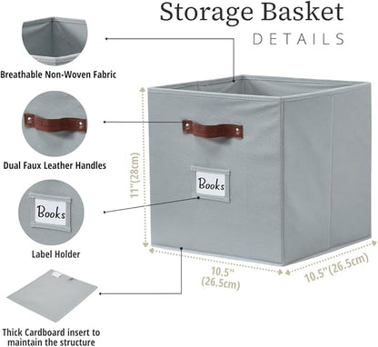 DECOMOMO Storage Bins, Cube Storage Bin with Labels, Fabric Storage Cubes for Shelves (10.5" x 11" / 6pcs, Grey)