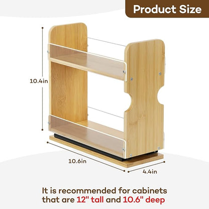 2 Tier Pull Out Spice Rack Organizer, Bamboo Sliding Spice Rack for Kitchen Cabinet, (4.4" W x 10.6" D x 10.4" H) Spice Storage, Pantry Organization