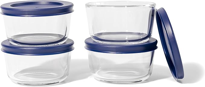 8-Piece Glass Food Storage Containers Set (4 Containers + 4 BPA-Free Lids) | 1-Cup, Leakproof | Microwave, Freezer, Oven & Dishwasher Safe | Ideal for Meal Prep & Pantry Organization, Blue