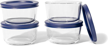 8-Piece Glass Food Storage Containers Set (4 Containers + 4 BPA-Free Lids) | 1-Cup, Leakproof | Microwave, Freezer, Oven & Dishwasher Safe | Ideal for Meal Prep & Pantry Organization, Blue