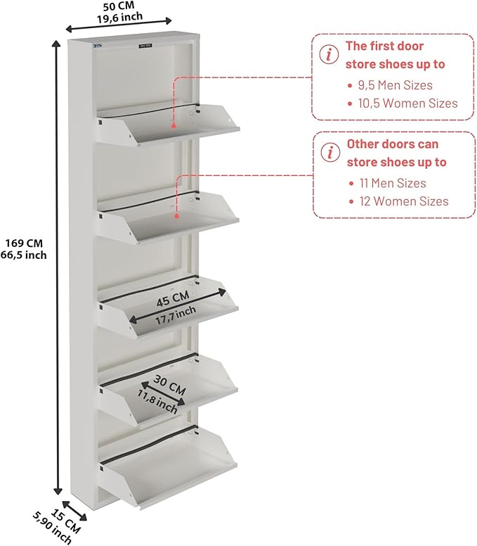 CEHA 5 Tier Metal Shoe Cabinet with Cover, Durable Shoe Storage Organizer for Entryway, Space Saving Shoe Shelf Closet, 5.91" x 66.5" x 19.68", White