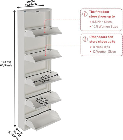 CEHA 5 Tier Metal Shoe Cabinet with Cover, Durable Shoe Storage Organizer for Entryway, Space Saving Shoe Shelf Closet, 5.91" x 66.5" x 19.68", White