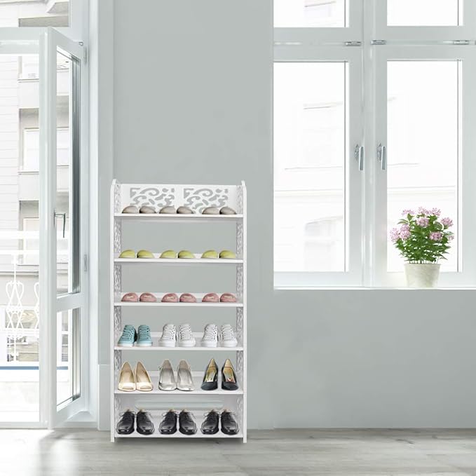 6 Tier Wood-Plastic Board Shoe Racks,Narrow Vertical Shoes Rack,Freestanding Shoe Organizer Shelf,Shoe Rack Storage Organizer,with Shelves,for Closet, Entryway, Front Door Entrance, Hallway (White)
