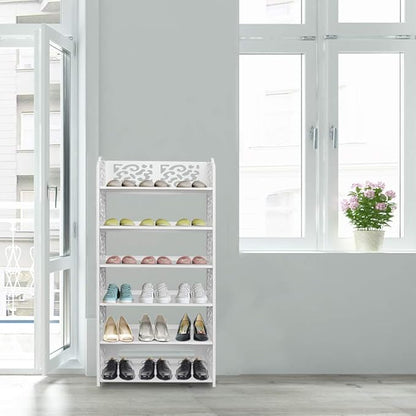 6 Tier Wood-Plastic Board Shoe Racks,Narrow Vertical Shoes Rack,Freestanding Shoe Organizer Shelf,Shoe Rack Storage Organizer,with Shelves,for Closet, Entryway, Front Door Entrance, Hallway (White)