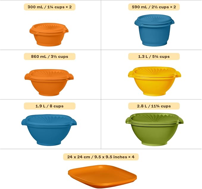 Tupperware Heritage Get it All Retro Collection, 30 Piece Food Storage Container Set in Retro Colors, Dishwasher Safe and BPA Free