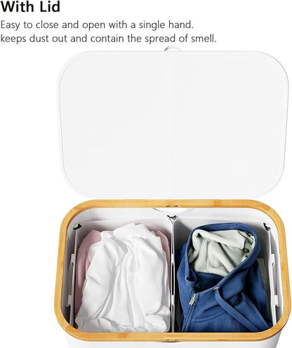 SpaceAid Double Laundry Hamper 2 Section with Lid and Removable Laundry Bags, 160L Clothes Basket with Bamboo Handles, Large Collapsible Hamper for Bedroom, Bathroom, Dorm, Laundry Room - White