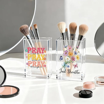 Just breathe 2 Pack Acrylic Cosmetic Pencil Pen Holder Cup, Hope Inspirational Makeup Brush Organizer Holder, Women Faith Gifts, Christian Encouragement Gifts for Women Mom Daughter Teacher