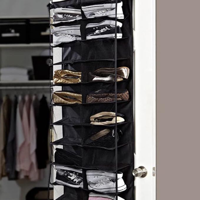 Over the Door Shoe Shelves 26 Section Space Saving Hanging Shoe Organizer with Hooks Clear Window Foldable Shoe Display Shelves Stand for Shoes Hat Toys Home (Black)
