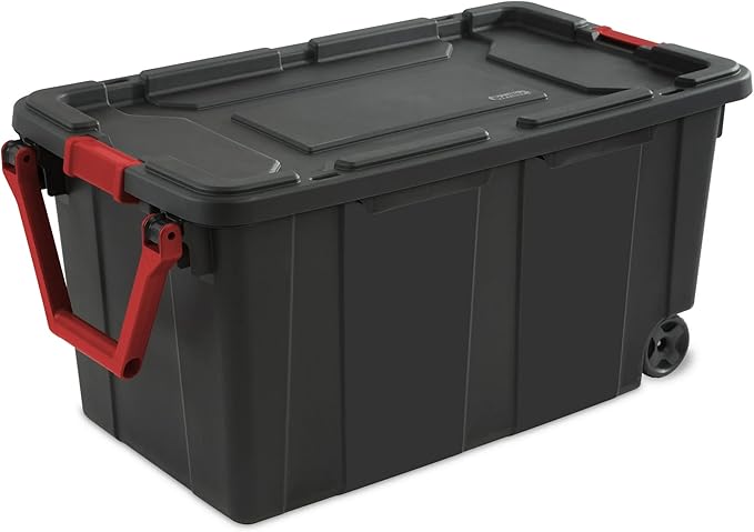 40-Gallon Wheeled Storage Bins (2-Pack) - Heavy Duty Plastic Totes with Lids & Handles - Industrial Garage/Utility Containers for Tools, Camping Gear (36.9" x 21.4") (Black)