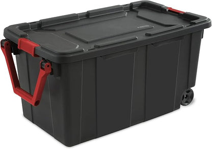 40-Gallon Wheeled Storage Bins (2-Pack) - Heavy Duty Plastic Totes with Lids & Handles - Industrial Garage/Utility Containers for Tools, Camping Gear (36.9" x 21.4") (Black)