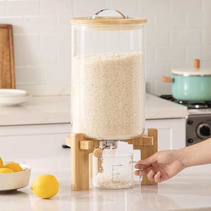 HBlife 18-22 Lbs Glass Rice Dispenser with Wooden Stand Flour and Cereal Container with Glass Measuring Cup Pantry Food Organization Storage Bin with Airtight Bamboo Lid, 11L