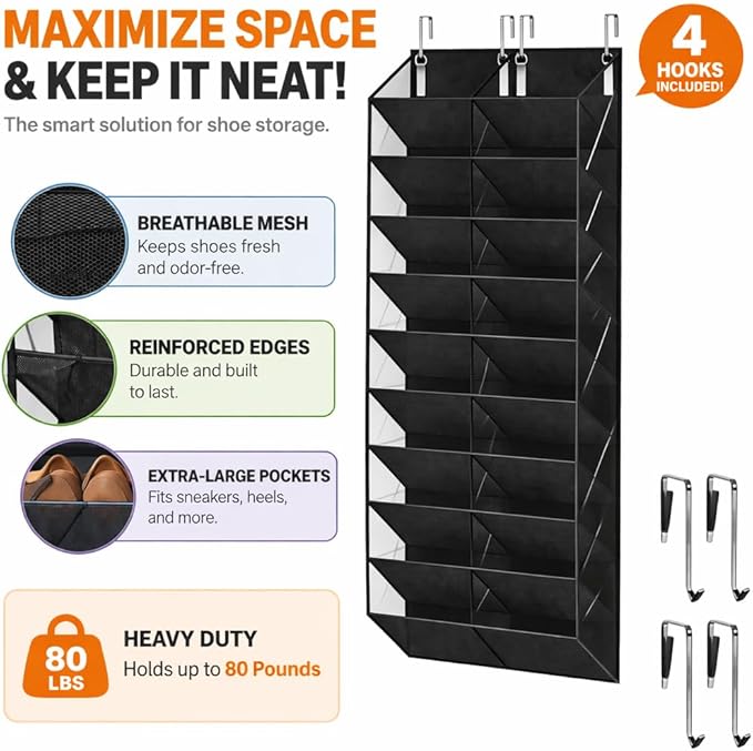 10 Tier Over the Door Shoe Organizer, Hanging Shoe Rack for Closet Door, Holds 20-30 Pairs, Large Pocket Storage for Sneakers Heels Boots, Black