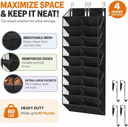 10 Tier Over the Door Shoe Organizer, Hanging Shoe Rack for Closet Door, Holds 20-30 Pairs, Large Pocket Storage for Sneakers Heels Boots, Black