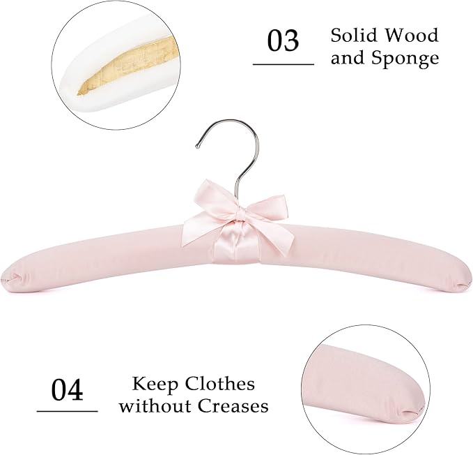 NEOVIVA 15 Inch Anti Slip Satin Padded Clothes Hangers for Women Pink Satin Padded Hangers for Women Clothing, No Shoulder Bump for Adult, Silk Hangers for Sweaters, Dresses, Suits (10 Pack)
