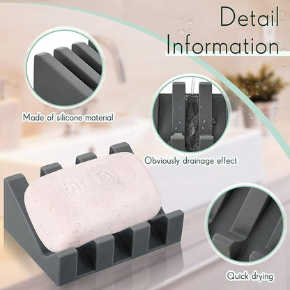 Cunhill 2 Pieces Silicone Soap Dish Self Draining Soap Dish Shower Waterfall Bar Soap Holder Tray with Drain Soap Saver for Kitchen Bathroom Accessories (Dark Grey)