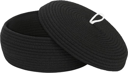 Sea Team Round Cotton Rope Storage Basket with Lid, Decorative Woven Storage Bin, Pot, Caddy, Organizer, Container for Snacks, Towels, Plants, 13 x 5.5 Inches (Large, Shallow, Black)