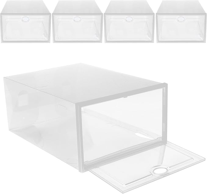 BESPORTBLE Stackable Shoe Storage Boxes Organizer with Oval Pull Handle, 33X23X14Cm White Frame Plastic Shoe Display Case, 5pcs for Men and Women Closet Storage