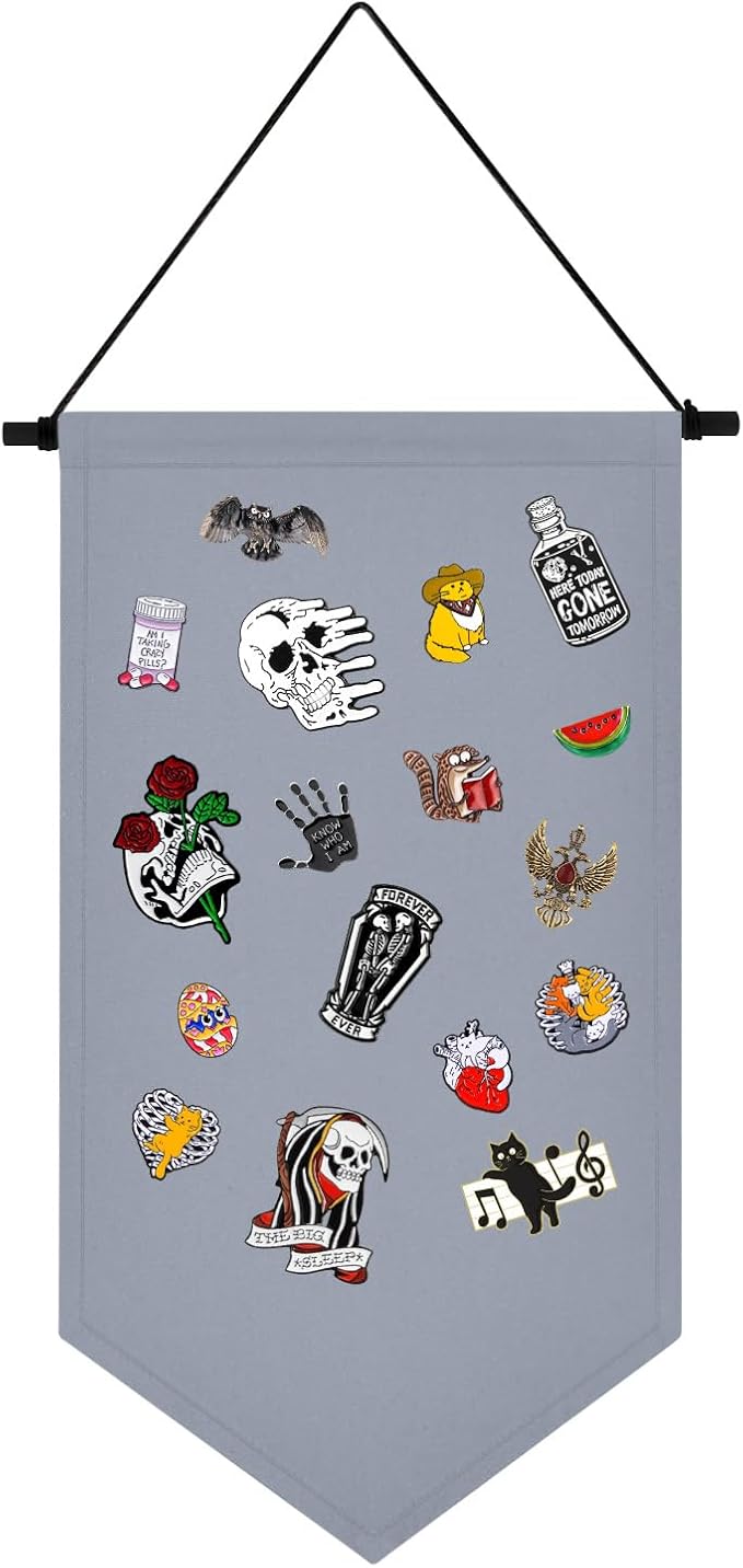 Wall Hanging Brooch Jewelry Storage Case Canvas Display Stand Enamel Pin Display Banner Holder Earrings Necklace Glitter Pin Collection Organizer (Gray)