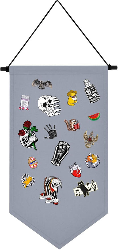 Wall Hanging Brooch Jewelry Storage Case Canvas Display Stand Enamel Pin Display Banner Holder Earrings Necklace Glitter Pin Collection Organizer (Gray)