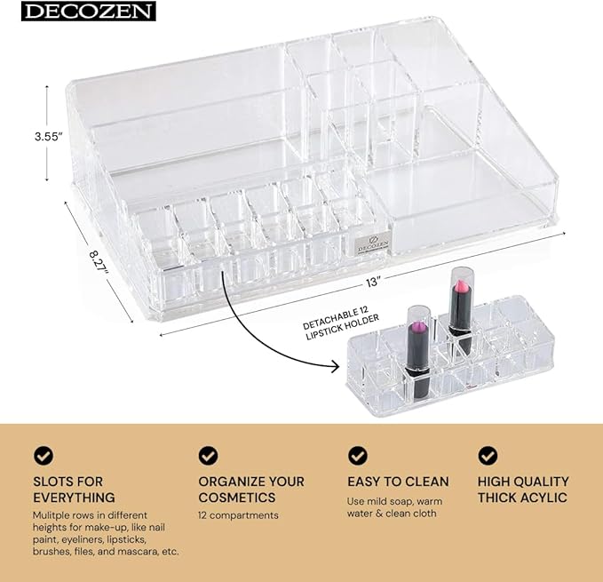 Decozen Makeup Organizer - Vanity Storage with Multiple Compartments and Drawers for Brushes, Lipsticks, Jewelry, Perfect for makeup organizer countertop, makeup holders and organizers, Gift for Mom
