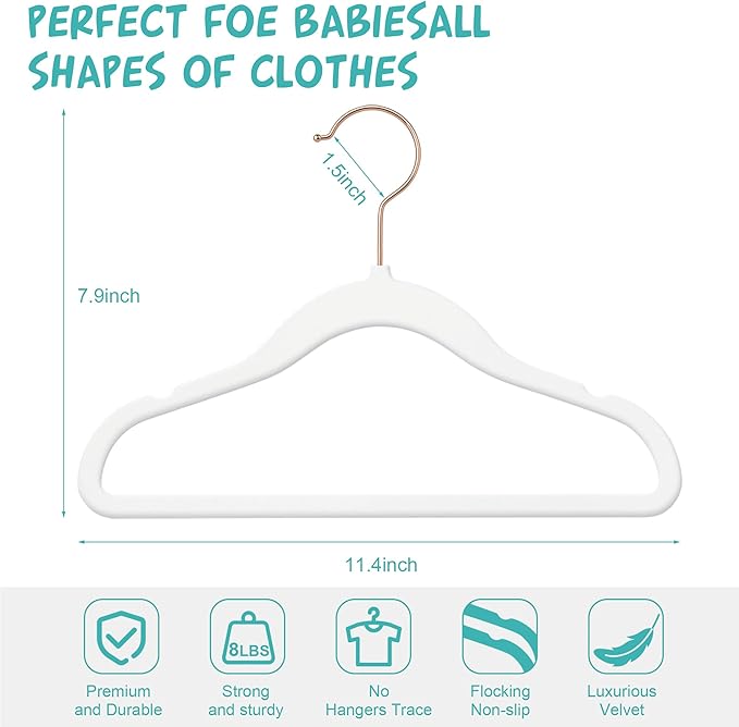 50 Pack Velvet Baby Hangers Non-Slip Clothes Hanger with Swivel Hooks, Space Saving Infant Toddler Closet Organizers, Ultra Thin Durable Child Hangers for Nursery, Kids, Children Wardrobe