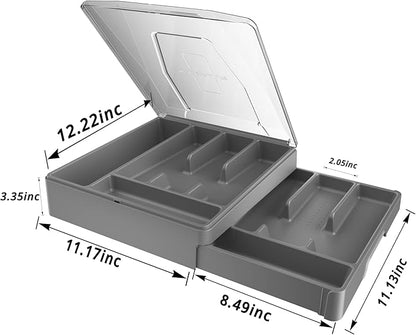 Double Layer Silverware Organizer with Lid, Utensil Holder with Cover, Flatware Cutlery Storage Oranizer, Gray