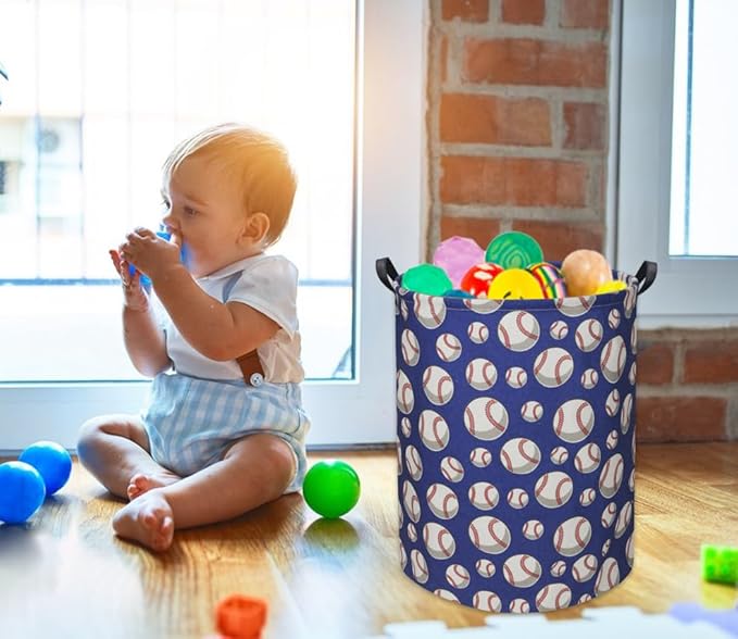Baseball Kids Laundry Hamper, Large, Cotton & Linen, Waterproof PE Coating, Collapsible, Multi-purpose, Dinosaur Pattern