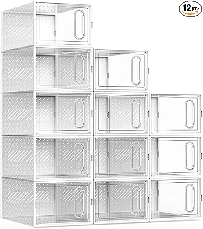 12 Packs Clear Plastic Shoebox With Magnetic Door, X-Large(14"× 10" × 7") Stackable Shoe Box Storage With Lids, Multifunctional Sneaker Containers, Toy Storage, Space-Saving Shoe Rack White
