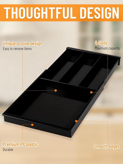 Silverware Drawer Organizer Tray, Adjustable Small Utensil Holder for Spoon and Fork, Expandable Flatware Cutlery Tray for Kitchen Drawers (Black)