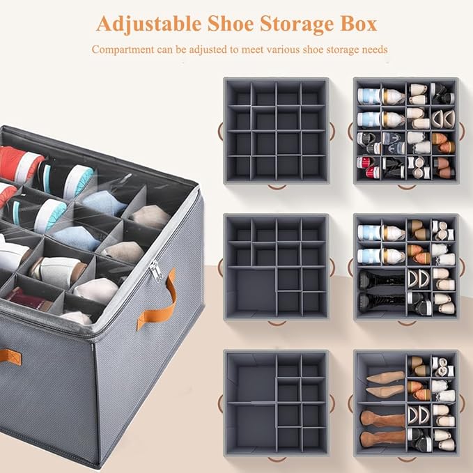 2 Pack Shoe Organizer for Closet, Foldable Storage Box with Adjustable Dividers, Holds 32 Pairs, Oxford & PP Board, Stackable Gray Bin with Clear Cover and Leather Handles, 17x17x12 inch