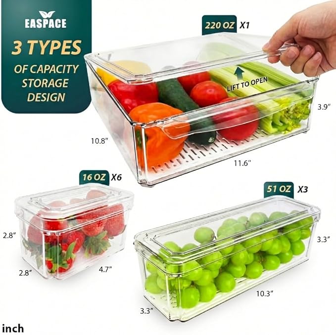 10-Pack Clear Fridge Organizer Bins with Lids & Drainage Holes, Stackable Container Set, BPA-Free Plastic Refrigerator Storage Containers for Food, Fruits, Vegetables, Meats (Multi-Purpose)