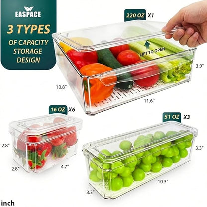 10-Pack Clear Fridge Organizer Bins with Lids & Drainage Holes, Stackable Container Set, BPA-Free Plastic Refrigerator Storage Containers for Food, Fruits, Vegetables, Meats (Multi-Purpose)