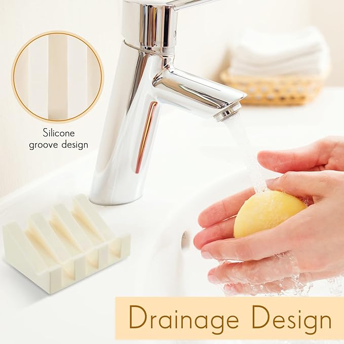 Cunhill 2 Pieces Silicone Soap Dish Self Draining Soap Dish Shower Waterfall Bar Soap Holder Tray with Drain Soap Saver for Kitchen Bathroom Accessories (Cream White)