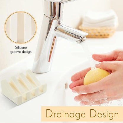Cunhill 1 Piece Silicone Soap Dish Self Draining Soap Dish Shower Waterfall Bar Soap Holder Tray with Drain Soap Saver for Kitchen Bathroom Accessories (Cream White)