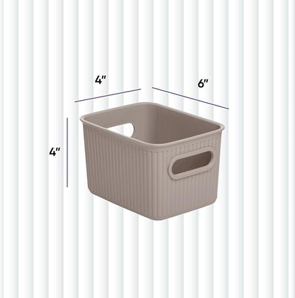 Decorative Plastic Basket Open Home Storage Bins Organizer Baskets, Small Taupe (4 Pack) Container Boxes for Organizing Closet Storage Bins for Shelves Drawer Shelf - Ribbed Collection 1.5 Liter
