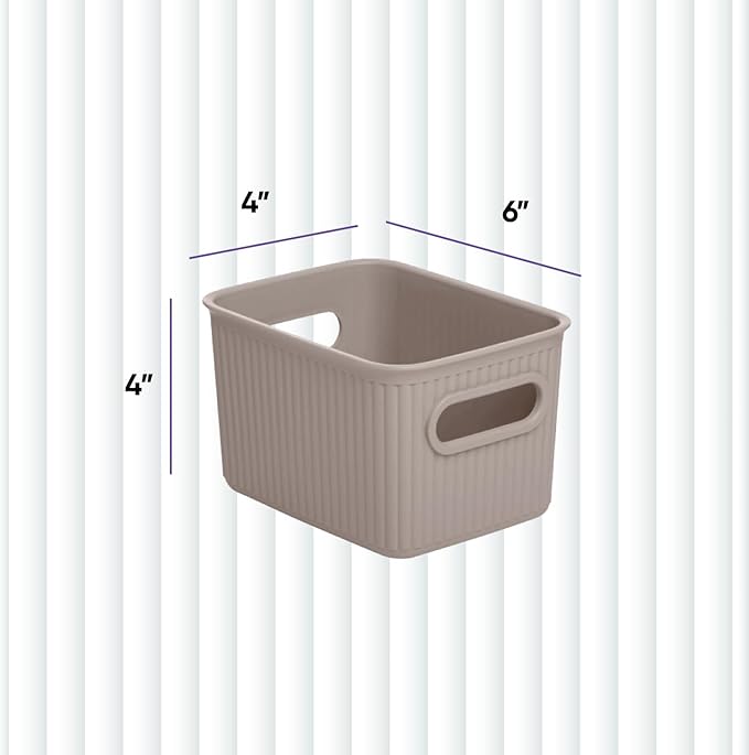 Decorative Plastic Basket Open Home Storage Bins Organizer Baskets, Small Taupe (2 Pack) Container Boxes for Organizing Closet Storage Bins for Shelves Drawer Shelf - Ribbed Collection 1.5 Liter