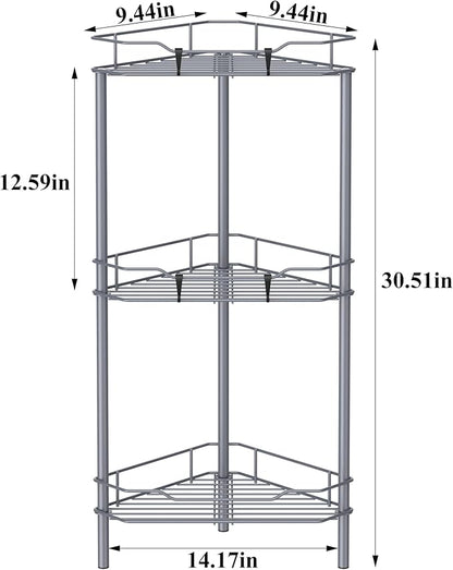 HuggieGems 3 Tier Floor Standing Corner Shower Caddy Organizer Shelf with Hooks, Bathroom Shelves Stand Rack, Dark Gray