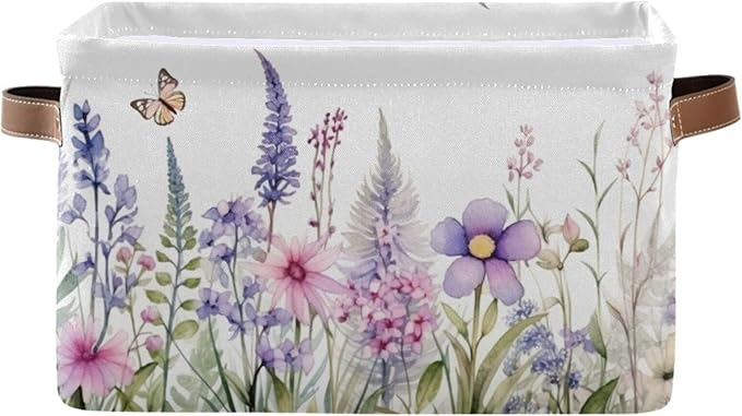YETTASBIN Herbal Wildflowers Storage Basket 1pc, Large Collapsible Toys Clothes Organizer, Durable Canvas Storage Bin with Handle for Shelves Closet Laundry Home Office Decor