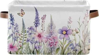 YETTASBIN Herbal Wildflowers Storage Basket 1pc, Large Collapsible Toys Clothes Organizer, Durable Canvas Storage Bin with Handle for Shelves Closet Laundry Home Office Decor