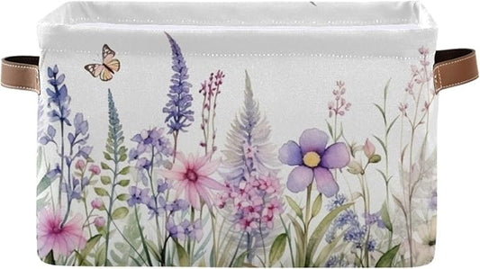 YETTASBIN Herbal Wildflowers Storage Basket 1pc, Large Collapsible Toys Clothes Organizer, Durable Canvas Storage Bin with Handle for Shelves Closet Laundry Home Office Decor