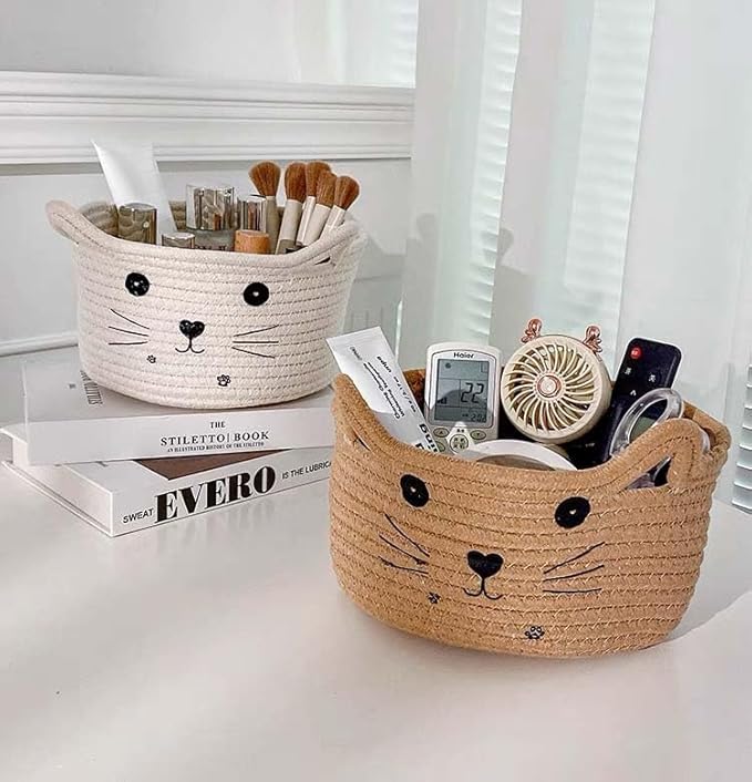 Cat Basket Storage Woven Basket Organizer with Ears Decorative Cute Pet Toy Basket Cotton Rope Basket for Gifts Cartoon Baby Nursery Basket 8.3 x 4.7 inches,White