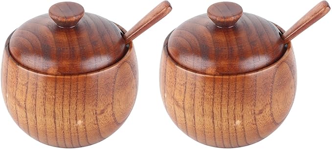 2Pcs Wood Spice Box, Salt Cellar with Lid and Spoon Salt Box Spice Jar Sugar Bowl Pepper Seasoning Container Holder