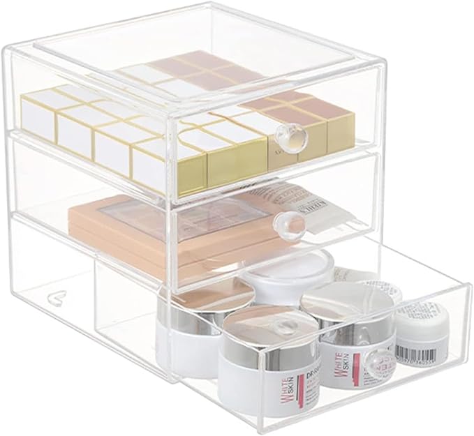 AJIODA Makeup Drawer Organizer Box with 3 Drawers, Acrylic Cosmetic Display Case Vanity Organizer Jewelry Storage Box Stackable Storage for Cosmetics, Skin Care, Bathroom, Countertop, Clear