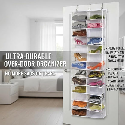 Over the Door Sweatshirt Organizer Hanging Clear Door Shoe Organizer with 26 Pocket Foldable Heavy Duty Toy Storage