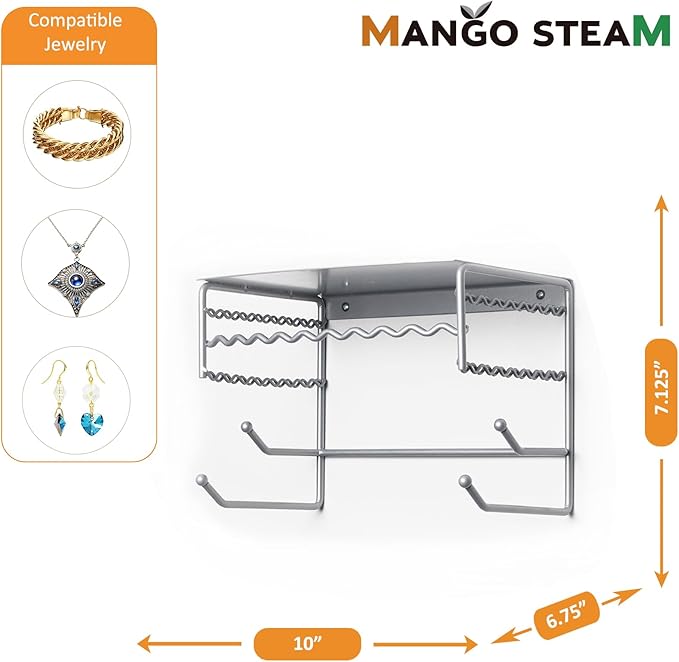 Silver 10" Wall Mount Jewelry & Accessory Storage Rack Organizer Shelf for Earrings, Bracelets, Necklaces, & Hair Accessories