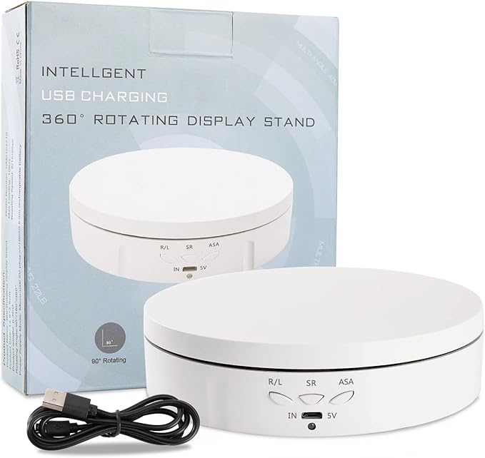 22 lbs Motorized Rotating Display Stand for Jewelry, 360 Degree, Automatic Mute Rotating Display Stand, Electronic Turntable with USB Charging Port for Display, Photography Products, Cupcakes, Toys