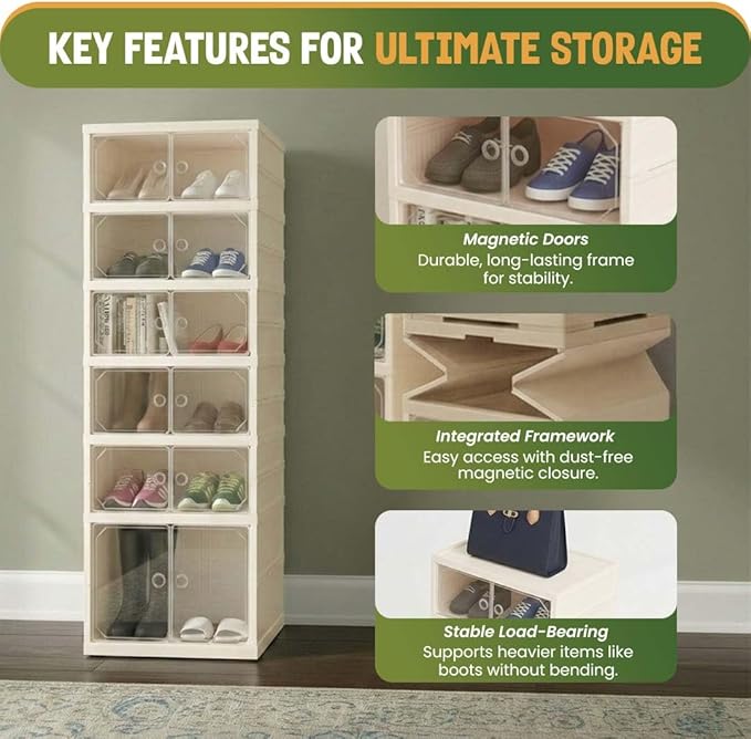 Foldable 6-Tier Shoe Rack Organizer, Large Clear Shoe Storage Cabinet with Magnetic Doors, Heavy Duty Slim Vertical Shoes Rack for Bedroom, Entryway or Garage - Beige (Holds 12 Pairs)