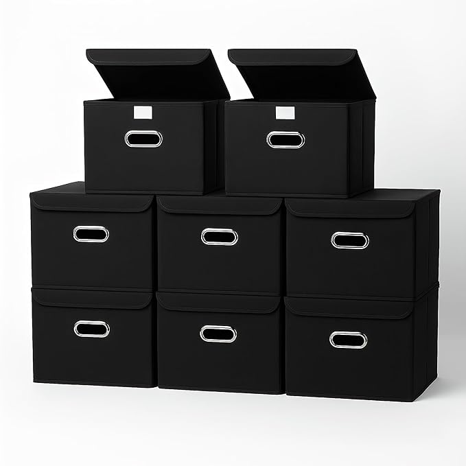 STOREONE Fabric Storage Cube Bins Foldable Organizer Container Collapsible Basket with Lids and Metal Handles, for Home, Bedroom, Closet 8 Pcs (Black)
