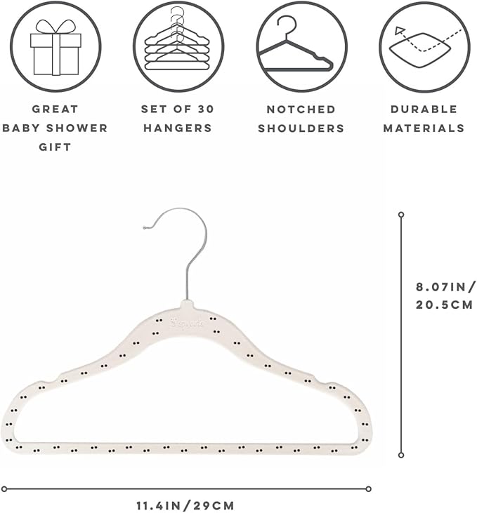 3 Sprouts Velvet Baby Hangers - Non-Slip Hangers for Infant and Toddler Clothes - Slim Space-Saving Design with Nordic Colors for Nursery - 30 Pack - Double Dot & Beige